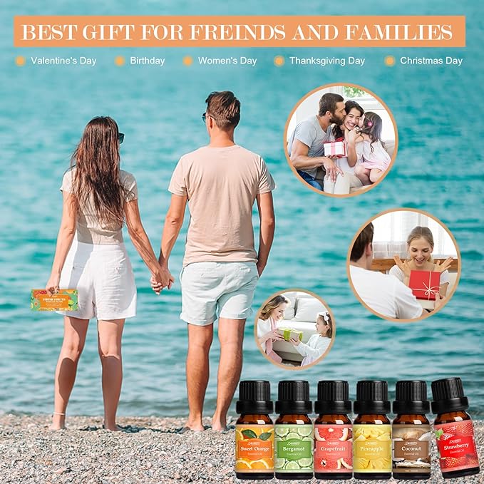 SALUBRITO Fresh Fruit Fragrance Oils Set, Essential Oils for Diffuser, Candle, Soap Making - Strawberry, Sweet Orange, Pineapple, Coconut, Bergamot, Grapefruit, 6X10ml - Bloomnest