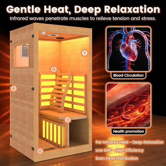 Infrared Sauna,1 Person Red Light Sanua with for Home,950w/110v Full Spectrum Indoor Dry Sauna, Carbon, Heater Panels, Bluetooth Audio, 8-Color Chromotherapy Lights, 35.4"x 31.5"x 66.9" HOMTHING