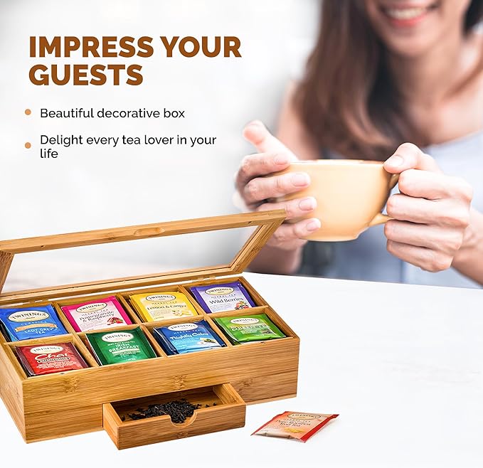 Bambüsi Tea Box Organizer with Drawer - 8 Compartment Bamboo Wooden Tea Storage Chest with Acrylic Window & Magnetic Lid - Tea Accessories & Gift Set for Women, Birthdays, House Warming Gifts New Home - Bloomnest