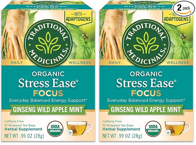 Traditional Medicinals Organic,Stress Ease Focus,Ginseng Wild Apple Mint Tea - Balanced Energy Support & Adaptogens - Kosher,Non-GMO,Caffeine-Free,Compostable - 16 Tea Bags,(Pack of 2) - Bloomnest
