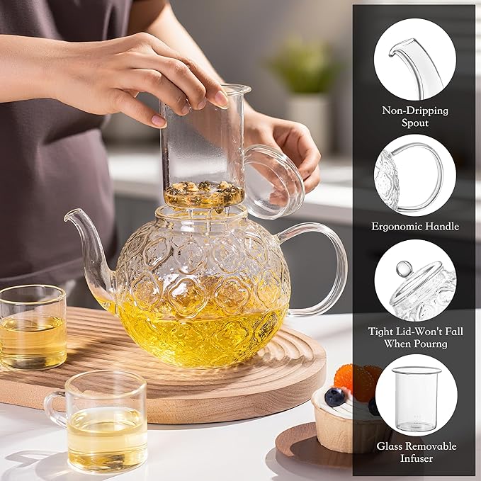 Glass Teapot with Removable Infuser-1500ml Clear GlassTea Pot for Stovetop, Borosilicate Microwave Safe Glass Tea Kettle and Tea Maker for Blooming & loose Tea - Bloomnest