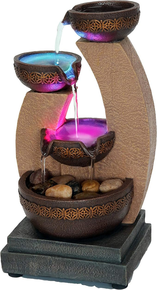 11" H Golden Tiered Bowl Fountain with Color Changing LED Lights with Adapter Brown - Bloomnest