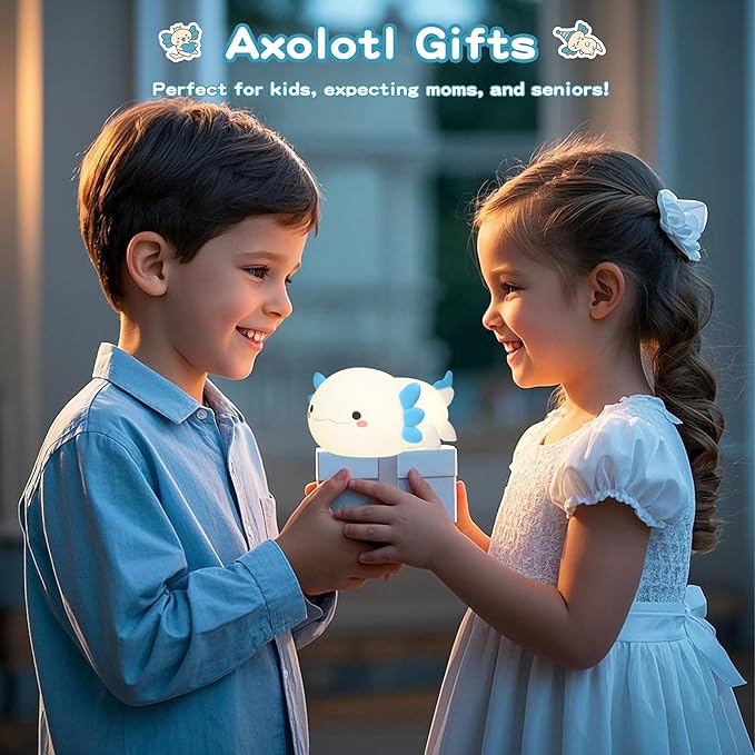 Axolotl Night Light,Cute Axolotl Lamp,Food Grade Silicone Nursery Nightlight,Rechargeable/Dimmable LED Squishy Novelty Animal Bedside Touch Lamp,Baby Room Decor, Axolotl Gifts for Kids/Boys - Bloomnest