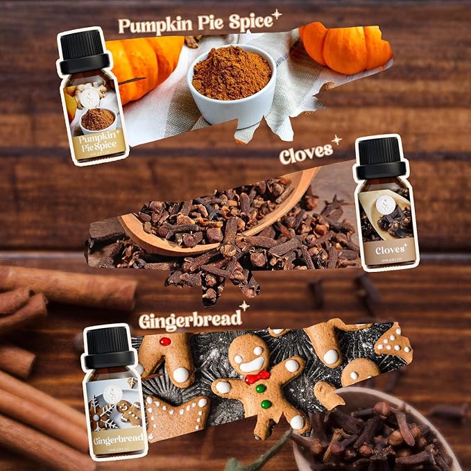 Autumn Spice Essential Oils Set, Fragrance Oil Gift Set for Oil Diffusers, Scented Oils for Soap Candle Making 6x10ml - Cinnamon, Nutmeg, Vanilla, Gingerbread, Pumpkin Pie Spice, and Cloves - Bloomnest