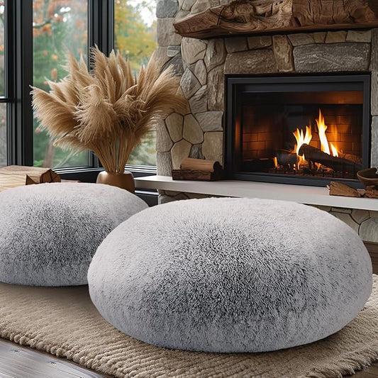 Codi Faux Fur Floor Pillows, Fluffy Large Round Cushions Sitting for Adults, Decorative Fuzzy Pillow for Fireplace, Living Room, Christmas, 32 Inch, Light Grey
