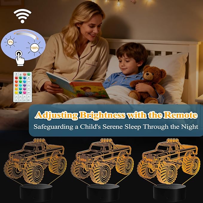 Monster Truck Night Light, Monster Truck Gifts, 3D Illusion Lamp with Remote Control, 16 RGB Colors, 4 Flashing Modes, Timer, Dimmable, Kids Room Decoration for Holiday Birthday Christmas - Bloomnest