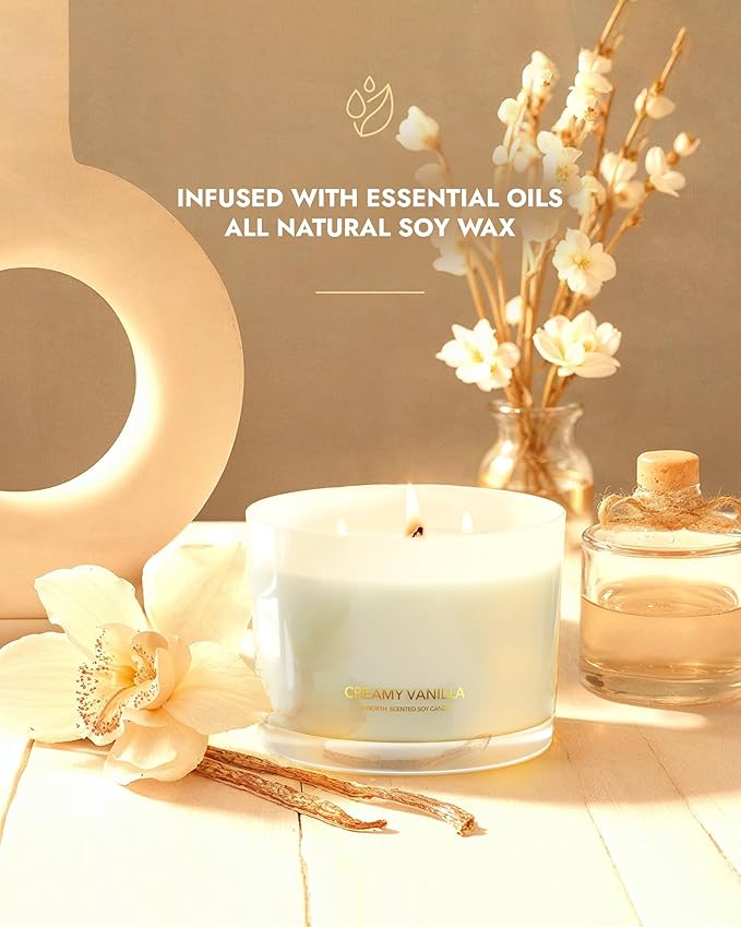 96NORTH Creamy Vanilla Scented Candles | Large 3 Wick Jar Candle | Up to 40 Hours Burning Time | 100% Natural Soy Wax | Relaxing Scented Candle for Home | Gift-Ready Luxury Candle for Men & Women - Bloomnest