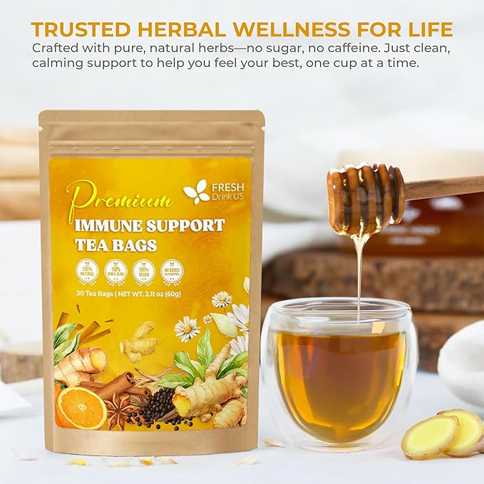 FreshDrinkUS, Premium 30 Tea Bags Immune Support Herbal Tea, Ginger, Cinnamon, Chamomile, Licorice Root, Black Pepper and Orange Peel – 100% Natural, Caffeine-Free, Vegan - Bloomnest