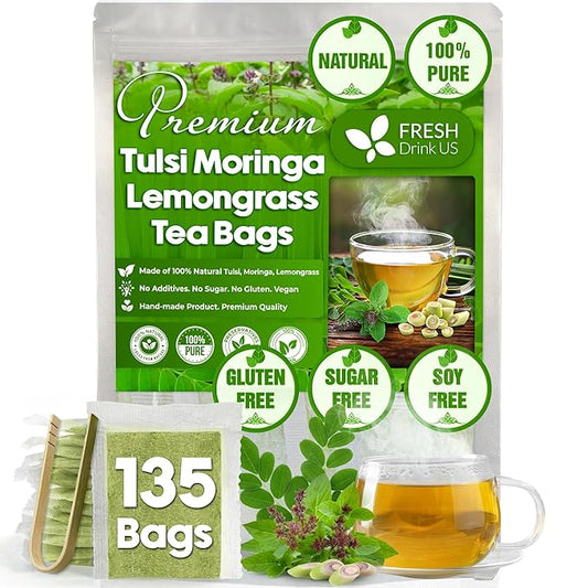 FreshDrinkUS, Premium 135 Tea Bags Tulsi Moringa Lemongrass, 100% Natural & Pure from Tulsi Holy Basil Leaves, Moringa & Lemongrass. Made with Natural Material Tea Bags. No Sugar, No Caffeine, Vegan. - Bloomnest