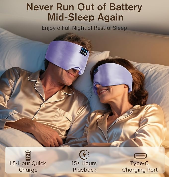 LC-dolida Luxurious Silk Soft Sleep Mask, Sleep Headphones with Bluetooth 5.4 for Side Sleeper, Total Blackout Eye Sleeping Mask for Women and Men, Ideal Gift for Restful Sleep, Travel(Light Purple) - Bloomnest