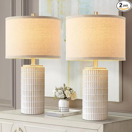 23'' Set of 2 Modern Ceramic Table Lamps for Living Room Bedroom, Nightstand Farmhouse Beige White Desk Lamp for Bedside End Table Entryway, 2 LED Bulbs Included - Bloomnest