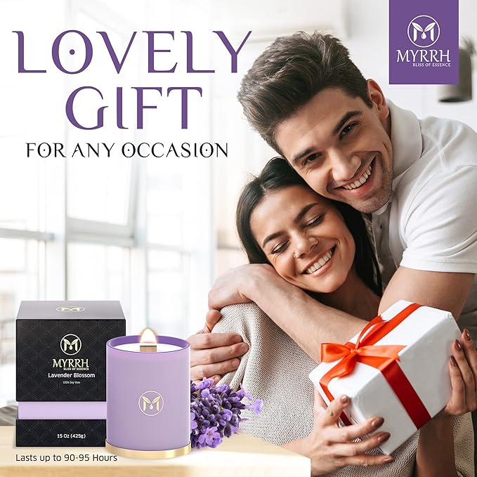 MyrrhUSA Lavender Blossom Scented Candle – 15oz Natural Soy Wax with Crackling Wooden Wick & Essential Oil, 80 Hour Burn | Luxury Aromatherapy Candle for Relaxation, Home Décor, Living Room & Bathroom - Bloomnest