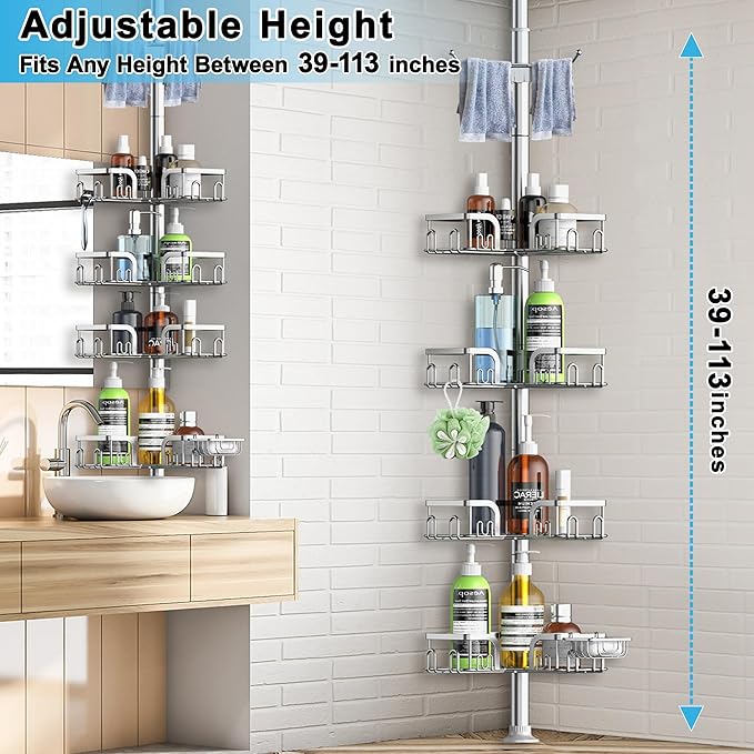 Corner Shower Caddy Tension Pole 4 Tier Adjustable Stainless Steel Shower Shelf for Inside Shower Bathtub Shampoo,Standing Bathroom Organizer Shelves with 39 to 113 inch Height - Bloomnest