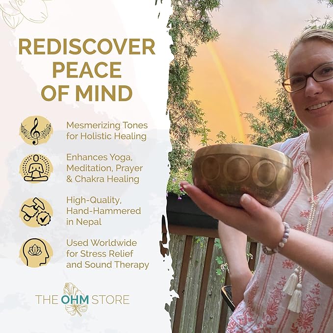 Ancient Design Large Tibetan Singing Bowl Set by Ohm Store — Relaxing Deep Tone Meditation Sound Bowl and Wooden Mallet Handcrafted in Nepal — Inner Space Bowl 6.5 Inch - Bloomnest