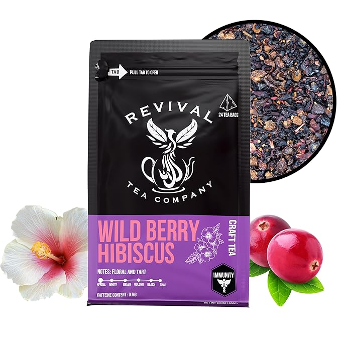 Revival Tea Company Wild Berry Hibiscus Tea - Herbal Tea Blend with Elderberry and Natural Wild Berry Flavor - Caffeine Free - 24 Tea Bags - Bloomnest