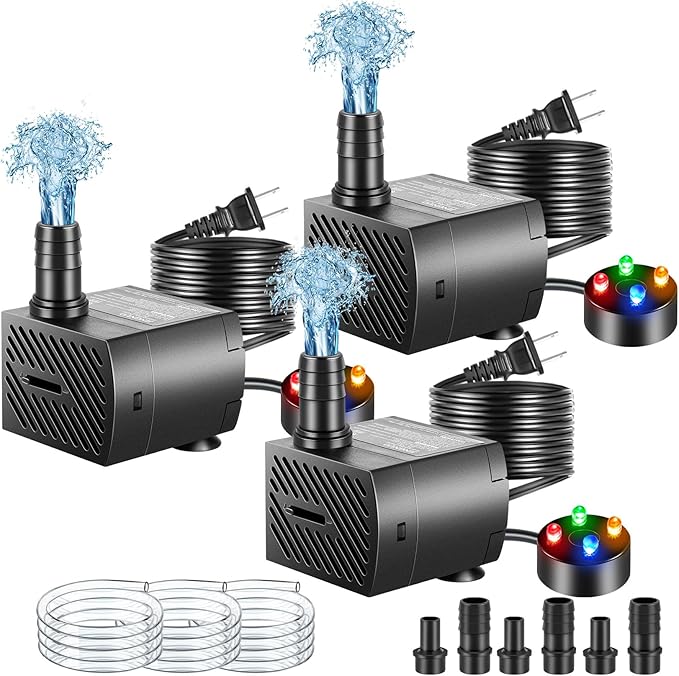 3 Pack Submersible Pump with Led Light, Small Fountain Pump with Tubing, Submersible Water Pump for Aquarium Fish Tank Indoor or Outdoor Pond Fountain Hydroponics Statuary (5W 95GPH) - Bloomnest