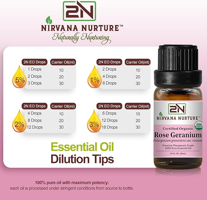Rose Geranium Essential Oil, USDA Certified Organic, 100% Pure Undiluted, Aromatherapy Oil for Diffuser, Hair & Skin Care NirvanaNurture