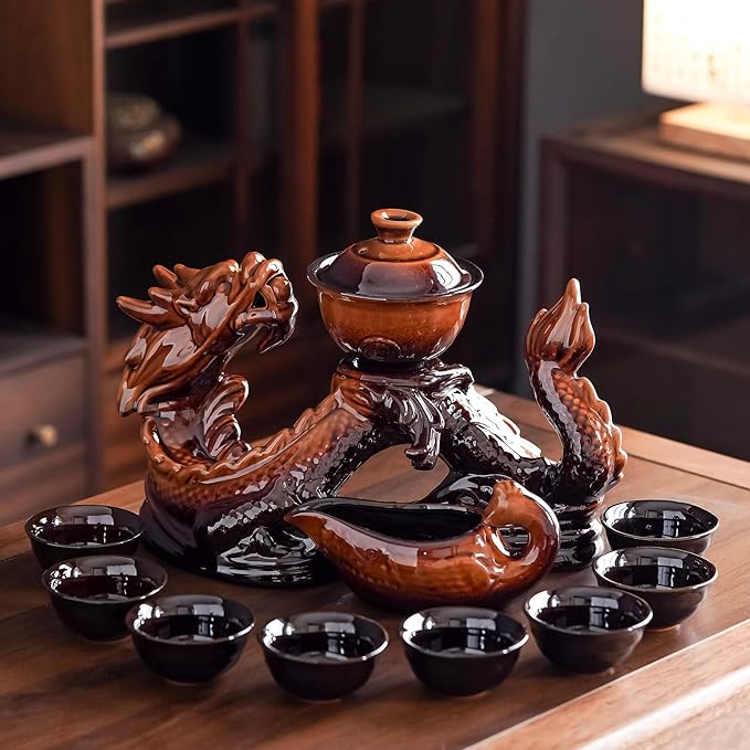 Ceramic Teapot with Infuser Semi Automatic Tea Set Magic Teapot with 8 cups Gradient Color (Yellow Dragon- A) - Bloomnest