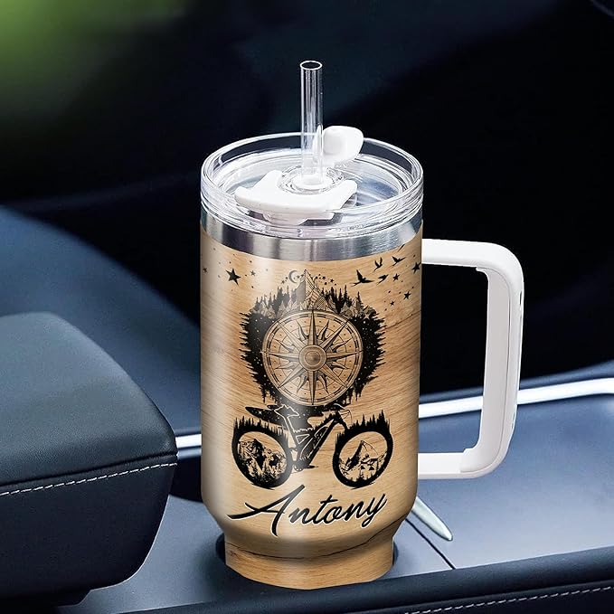 WAZONE Personalized Cycling Tumbler 40oz with Handle and Straw Custom Name When In Doubt Pedal It Out Stainless Steel Tumblers Travel Mug Cup Bicycle Funny Gift For Bikers Cyclists Women Men - Bloomnest