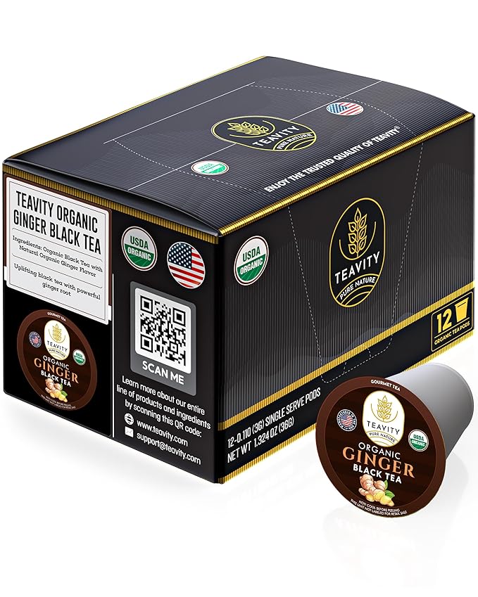 Organic Ginger Tea Pods for Keurig with Unsweet Black Tea for K Cup Brewing - Ginger Black Tea by Teavity (12 Tea Pods) - Bloomnest