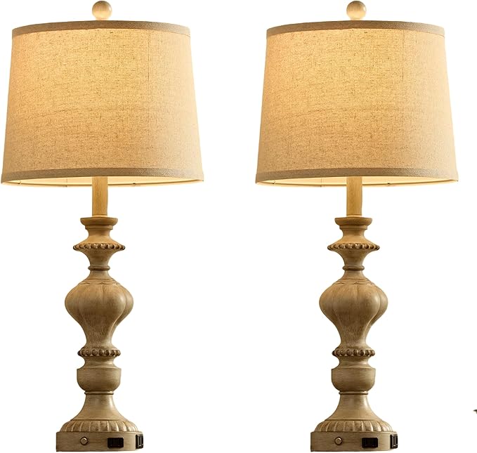 27.5" Farmhouse Table Lamps Set of 2 Bedside Nightstand Lamp with USB C+A Ports & AC Outlet, 3 Way Dimmable Touch Lamps for Bedroom Living Room Office Rustic Lamp (Gray) - Bloomnest
