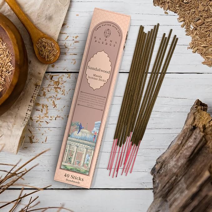 Incense Sticks, Sandalwood Incense, Made with Natural Ingredients, Hand Rolled Aromatic Masala, 40 Stick Pack, 45-60 Minute Burn Time, Best for Home Fragrance, Meditation, Yoga, Spiritual Healing KARMAPLEDGE