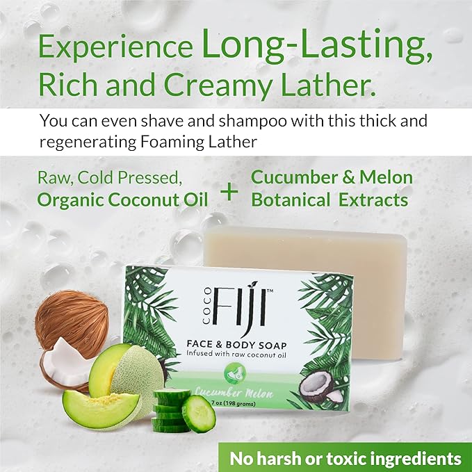 Coco Fiji Soap Bar for Face and Body Infused With Organic Coconut Oil, Cucumber Melon, Essential Oil, Natural Soap for Moisturizing & Pore Purifying Skin, 7 oz,Pack of 2