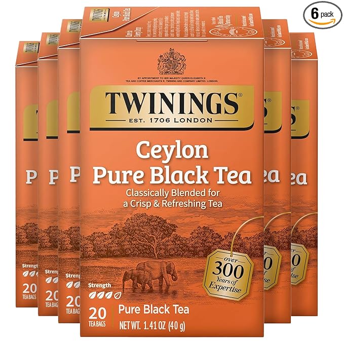 Twinings Ceylon Pure Black Tea Individually Wrapped Bags, 20 Count (Pack of 6), formerly Ceylon Orange Pekoe, Crisp, Refreshing, Caffeinated, Enjoy Hot or Iced, 120 Teabags - Bloomnest