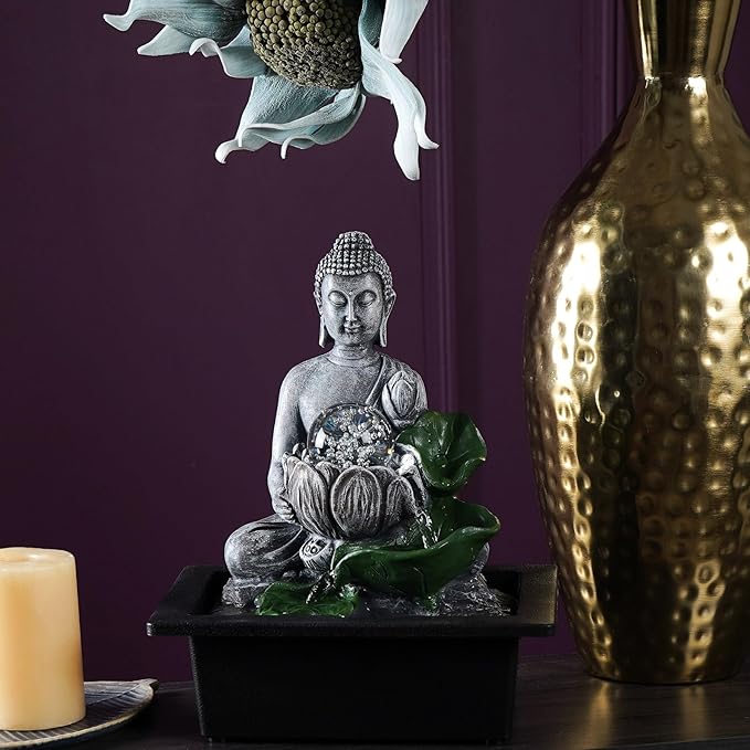 Buddha’S Lotus Tabletop Indoor Fountain for Home Decor Spiritual Decor for Home Office & Meditation Spaces (Height: 28 Cm) Black with Free Type-A Adapter - Bloomnest