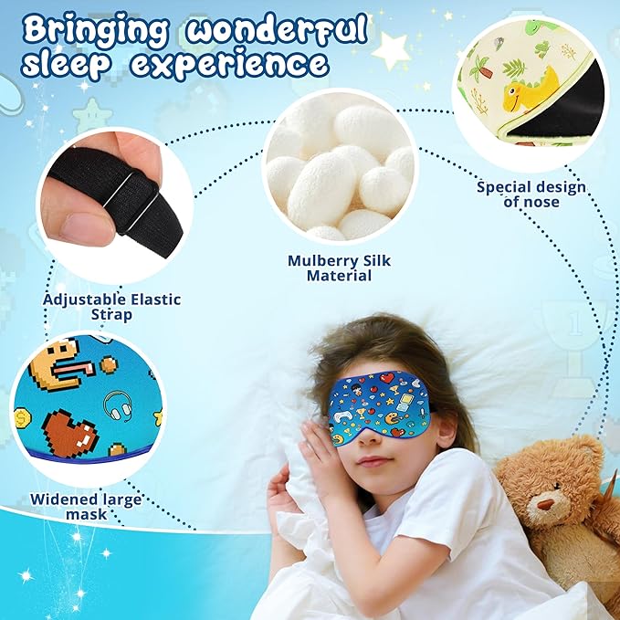 Kids Sleep Mask Eye Cover: 100% Real Natural Pure Silk Eye Mask with Adjustable Strap, Funny Blindfold Kids Eye Mask for Sleeping, Soft & Lightweight Eye Shade for Boys Girls Teens (Games Style) - Bloomnest