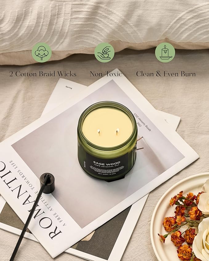 M&SENSE Sage Wood Scented Candle, 11.6oz 70 Hours Long Lasting Clean Non Toxic All Natural Soy Wax Candle for Relaxing & Stress Relief, 2 Wick Home Fragrance Gifts for Home Decor - Bloomnest