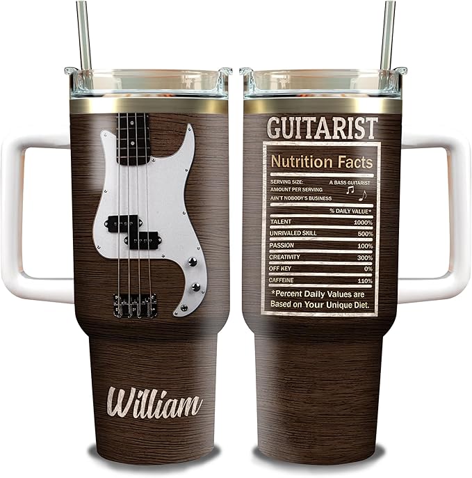WAZONE Personalized Bass Guitar Tumbler 40oz with Handle and Straw Custom Name Guitarist Nutrition Facts Travel Mug Vacuum Tumblers Gifts Ideas For Men Band Musician Acoustic Music Teacher - Bloomnest