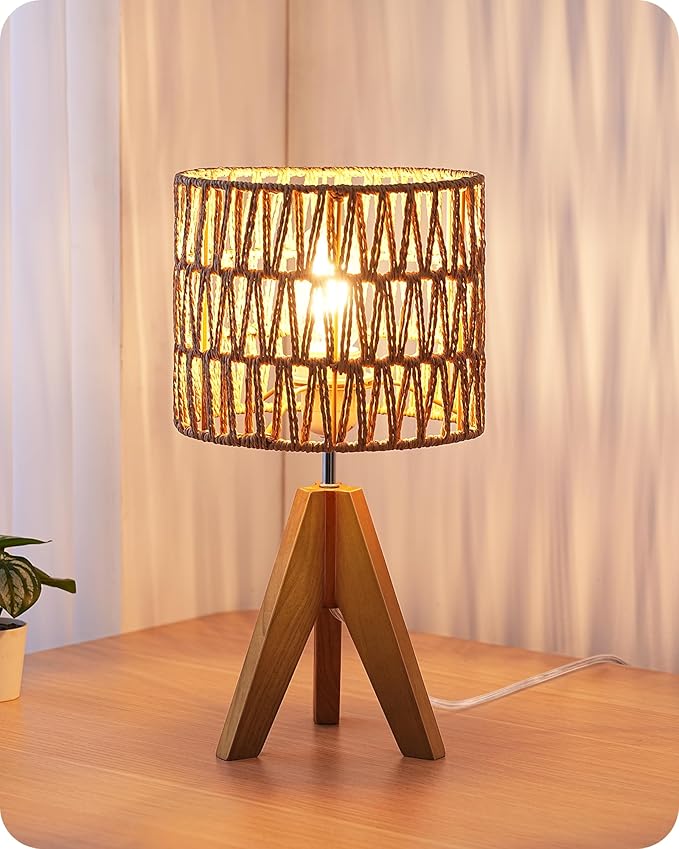 EDISHINE Small Table Lamp, Rattan Wood Tripod Bedside Lamp, Boho Nightstand Lamp for Living Room, End Table, Office, E26 Base, Natural Style - Bloomnest