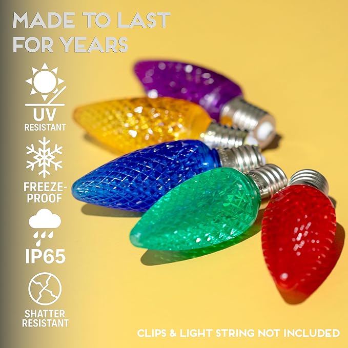 HLO Lighting C9 LED Christmas Lights, Faceted C9 Christmas Light Bulbs for Indoor & Outdoor Décor 25, Multi (R, G, B, Y, P) - Bloomnest