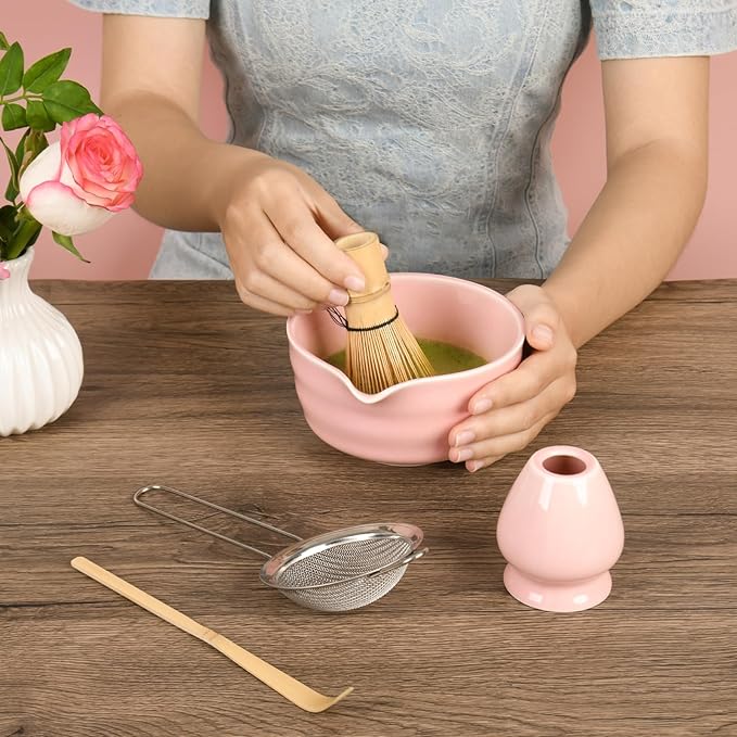 Pink Matcha Whisk Set - Ceramic Matcha Making Kit with Bamboo Whisk, Scoop, Bowl, Ceramic Holder & Sifter –5 PCS Handcrafted Elegant Japanese Tea Ceremony Tools Gift for Matcha Lovers - Bloomnest