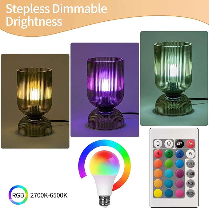 Modern RGB Glass Table Lamp with Remote，Color Changing Bedside Lamp with Green Glass Shade, 16 Colors, On/Off Cord Switch, Nightstand Lamp for Bedroom, Living Room, Office,Bulb Included - Bloomnest