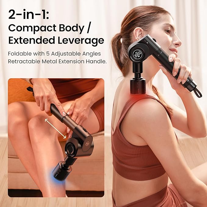 NAPRE Massage Gun with Heat and Cold Head,Deep Tissue Percussion Back Massager for Muscle/Neck/Body Pain Relief with Long Extension Retractable Handle,32-Speeds,Foldable with 5 Adjustable Angles - Bloomnest
