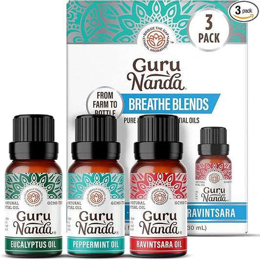 GuruNanda Breathe Essential Oil Set (Pack of 3 x 0.34 Fl Oz) - 100% Pure, Natural & Undiluted Diffuser Oils for Aromatherapy - Helps Support Clear Breathing - Suitable for Massages & DIY Recipes - Bloomnest