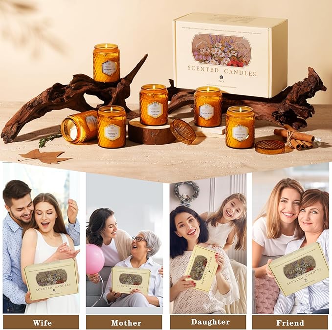 6 Pack Natural Soy Wax Jar Candles for Home Scented, Aromatherapy Gifts Sets for Women, 33 oz 240 Hour Long Lasting Candles Gifts for Birthday | Valentine's Day | Amber Candles| - Bloomnest