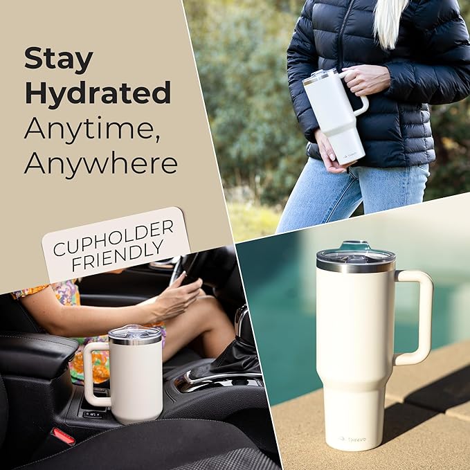 40 oz Tumbler With Handle and Straw Made of Stainless Steel - Double Wall Vacuum Insulated Tumbler With Lid - Sweat Proof Easy Grip, BPA-Free, Dishwasher Safe Tumbler (Cream) - Bloomnest