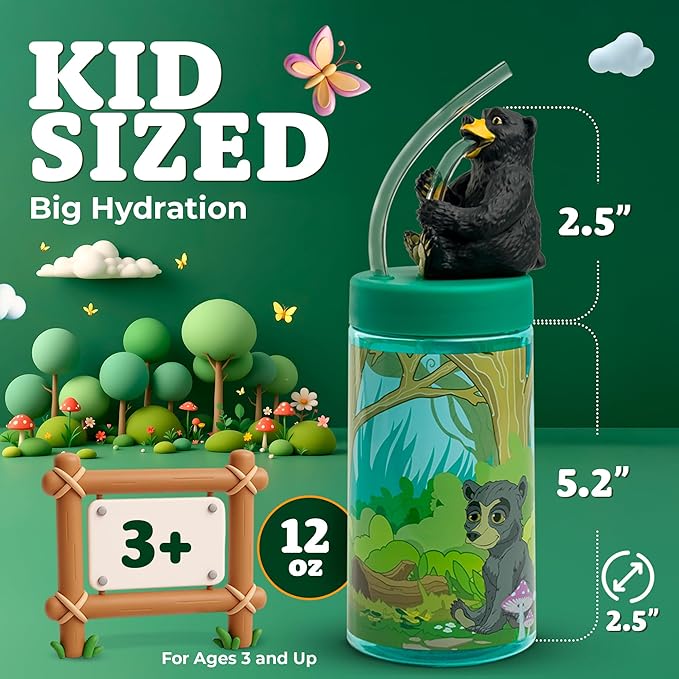 Regional Black Bear Cup, Water Bottle, Tumbler with Lid and Straw, Travel Sippy Cup for Water or Milk, Cups with Lids BPA Free Plastic, 12 oz - Bloomnest