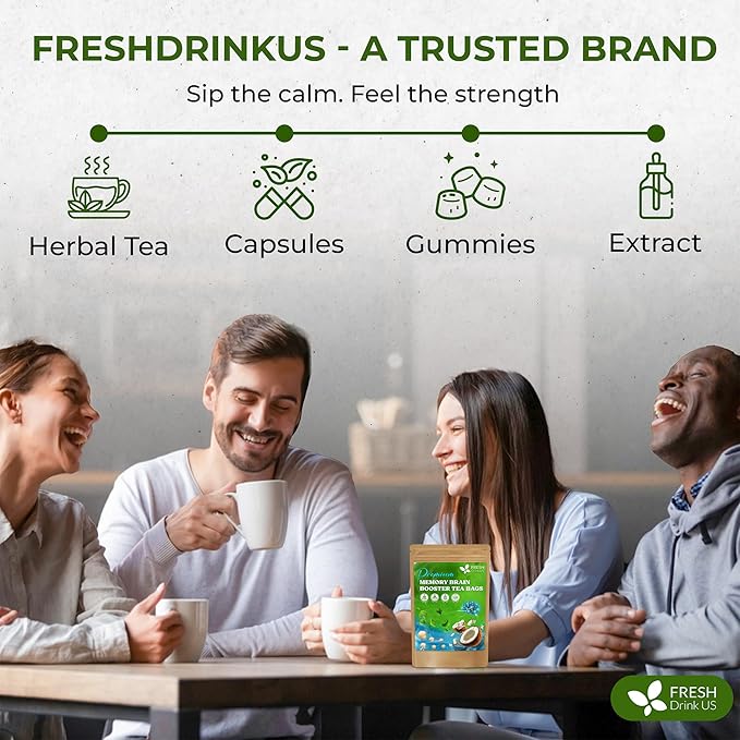 FreshDrinkUS, Memory Brain Booster Herbal Tea – 40 Tea Bags – Ginkgo Biloba, Gotu Kola, Lion's Mane & MCT Coconut Oil – Smooth, Earthy Flavor – Caffeine-Free – Daily Herbal Blend for Anytime Use - Bloomnest
