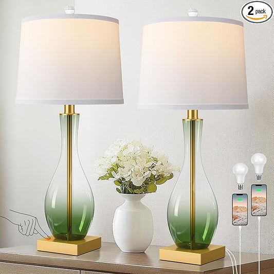 3-Way Dimmable Modern Glass table lamp for Living Room, Green Table Lamps Set of 2 with Touch Control, USB C and A Charging Ports, 27" Bedside Desk Lamps for Nightstand Decorations(LED Bulbs Included) - Bloomnest