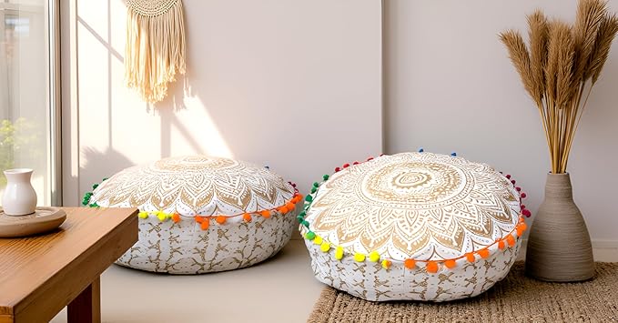 INDIAN CRAFT CASTLE ICC Mandala Barmeri Large Floor Pillow Cover Cushion Meditation Seating Ottoman Throw Cover Hippie Decorative Zipped Bohemian Pouf Ottoman Cases White Gold, 18" Round - Bloomnest