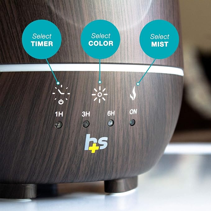 HealthSmart Essential Oil Diffuser, Cool Mist Humidifier and Aromatherapy Diffuser with 500ML Tank Ideal for Large Rooms, Adjustable Timer, Mist Mode and 7 LED Light Colors, Brown - Bloomnest