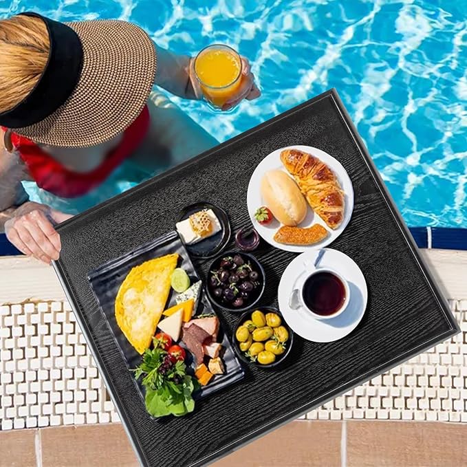 24 x 20 Inches Extra Large Solid Wood Serving Tray for Tea Coffee Table Snack Food Meals Serving Plate Kitchen Party Bar Breakfast Server with Raised Edges Black Wooden Decorative Ottoman Tray - Bloomnest