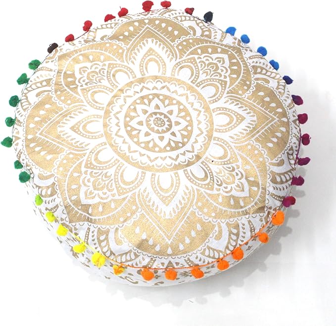 INDIAN CRAFT CASTLE ICC Mandala Barmeri Large Floor Pillow Cover Cushion Meditation Seating Ottoman Throw Cover Hippie Decorative Zipped Bohemian Pouf Ottoman Cases Golden, 16" Round - Bloomnest