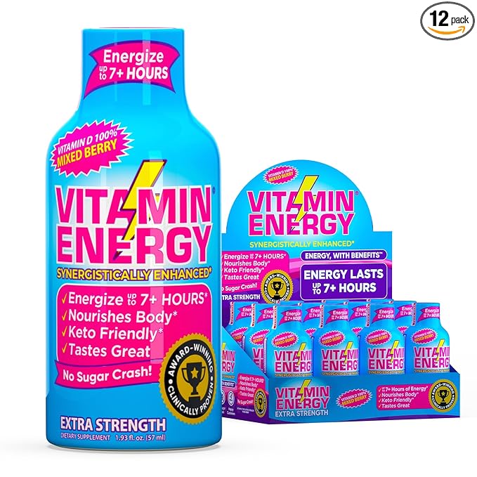 Vitamin Energy Vitamin D Extra Strength Energy Shot Mixed Berry 12 Pack, 260mg Natural Caffeine, B-Complex, Vitamin D, Wellness Support, Keto, Zero Sugar, Gluten-Free Vegan Kosher, 1.93 fl oz - Bloomnest