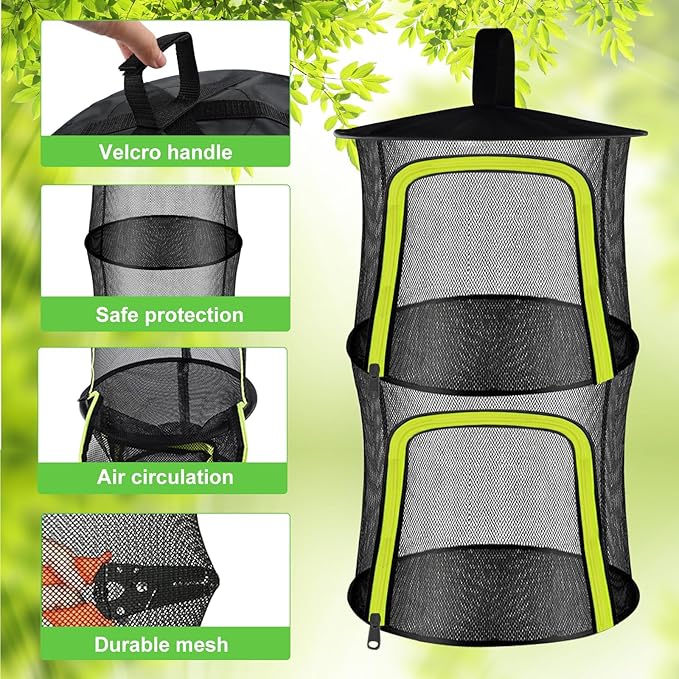 2 Layer Herb Drying Rack, Small Herb Drying Rack Hanging Mesh, Foldable Fish Drying Net with U-Shaped Zipper, Hooks, for Drying Herbs Plants, Flowers, Fruits, Food, Camping(2 Layers-11.81'') - Bloomnest