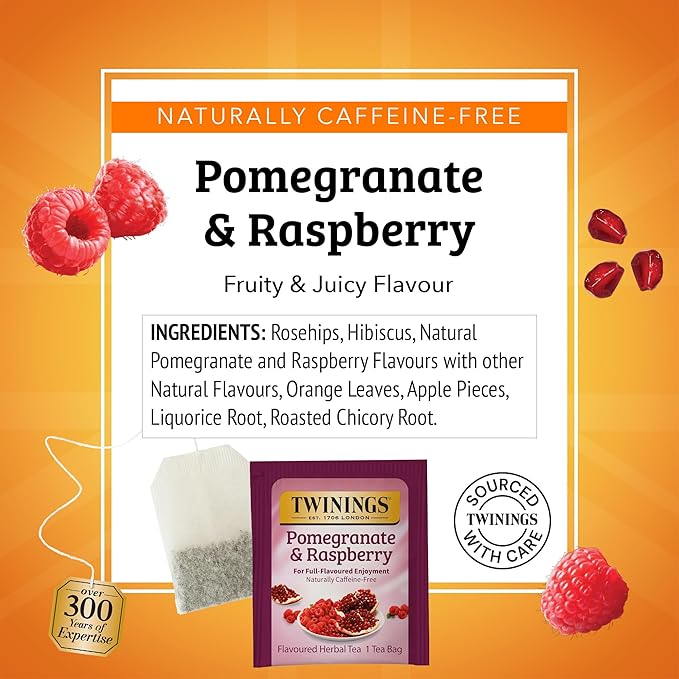 Twinings Pomegranate & Raspberry Herbal Tea Individually Wrapped Bags, 20 Count (Pack of 6), Naturally Caffeine-Free, Enjoy Hot or Iced, 120 Teabags - Bloomnest